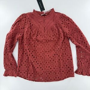 PrettyGarden Eyelet Blouse Boho Modern Women Size Medium Burnt Orange Button Up